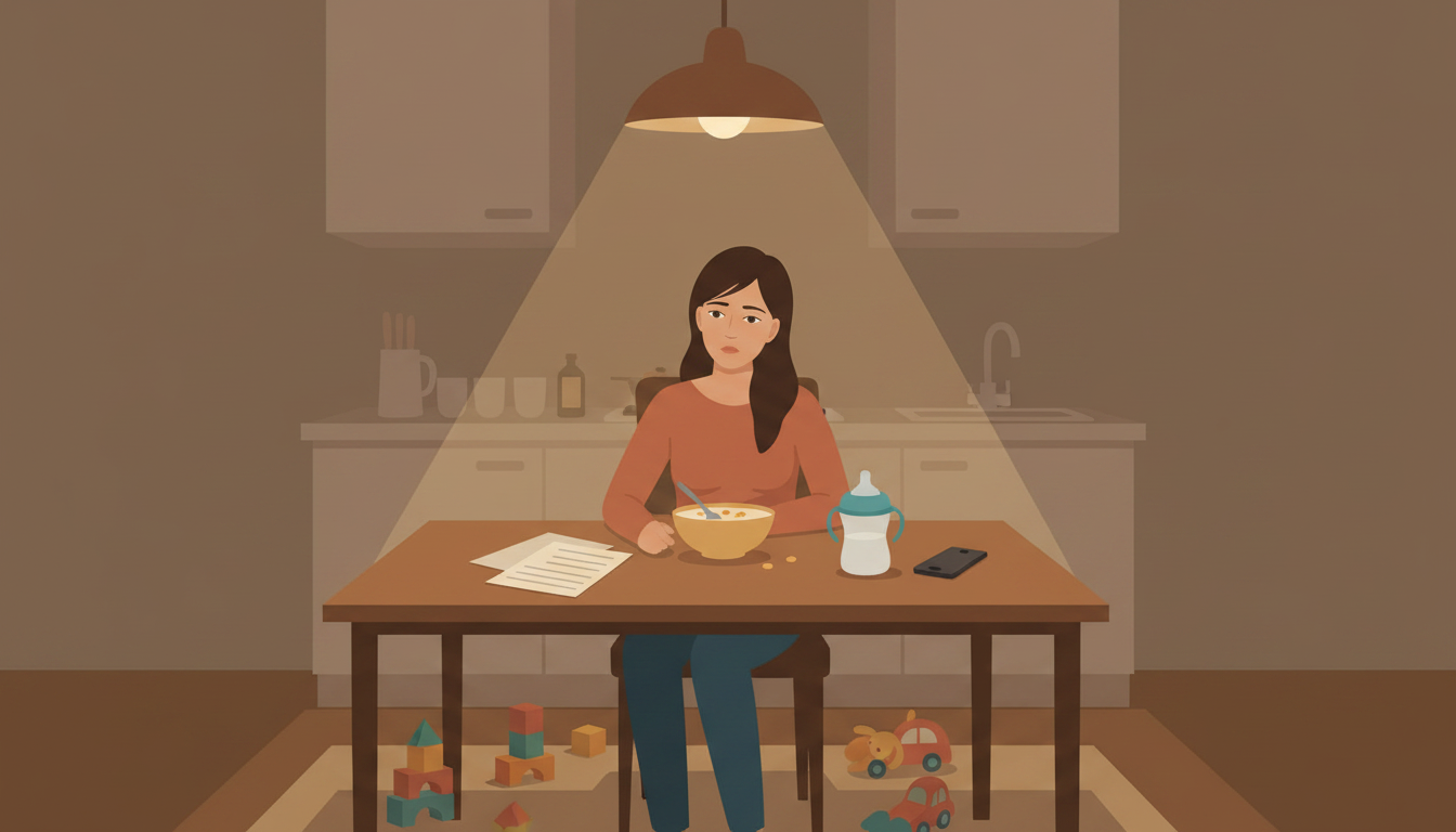 A dim kitchen table at night with a half-open granola bar, a child's sippy cup, scattered mail, and tired hands resting at the edge.