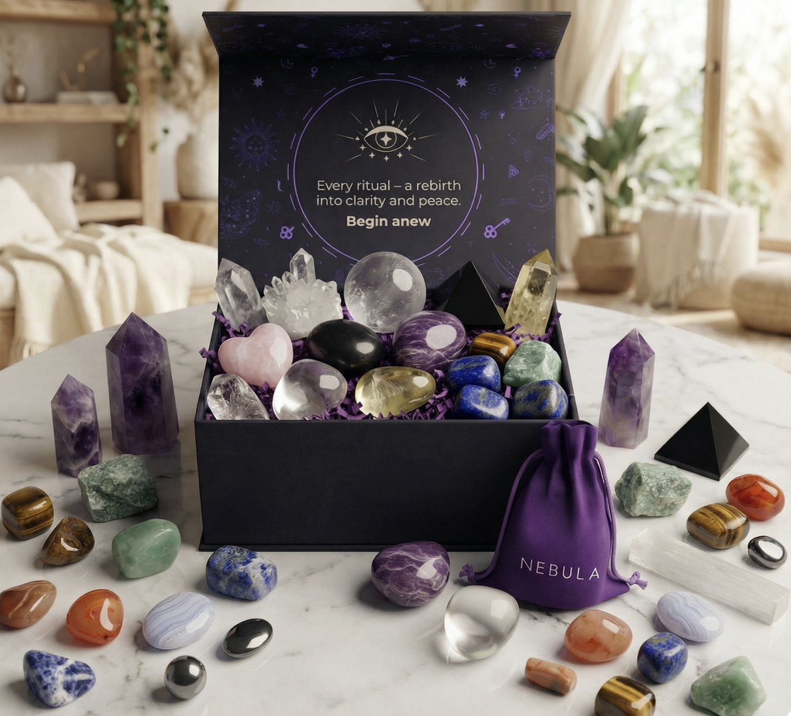 Nebula crystal ritual box with crystals, tarot deck, and candle